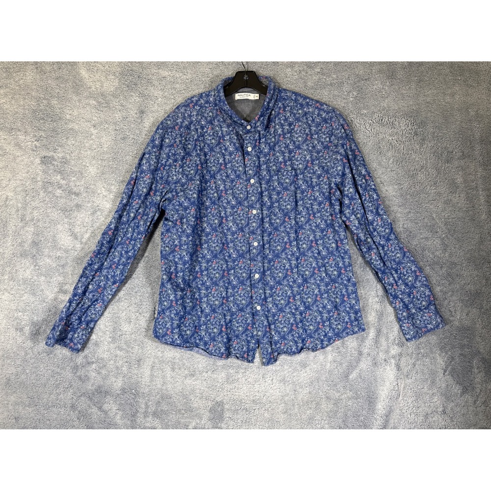 Nautica Mens XXL Classic Fit Linen Cotton Floral Button Front‎ Shirt Blue 9327
